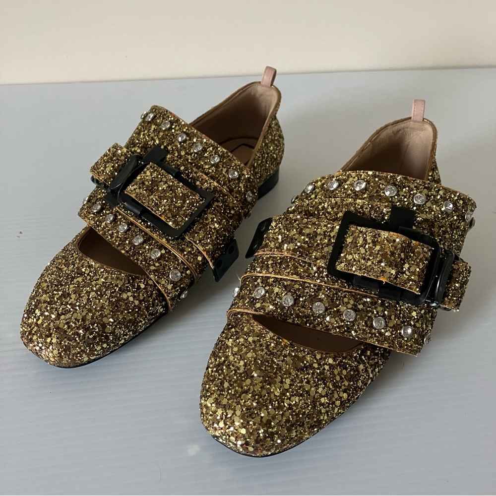 No. 21 Gold Glitter Crystal-Stud Buckle Loafers
